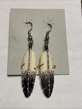 Vintage Signed Native American Sterling Silver Bone Feather Dangle Earrings